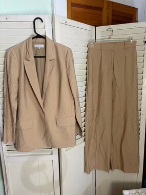Wayf Beige 2 Piece Suit with Single-Button Blazer and Suit Pants